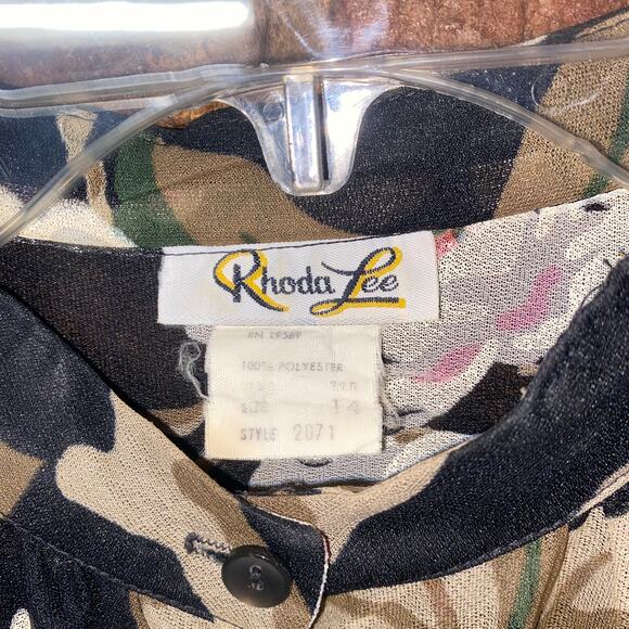 Rhoda Lee Vintage 70s Black Floral Button Down Sheer Long Sleeve Top Size 14 - Picture 4 of 5